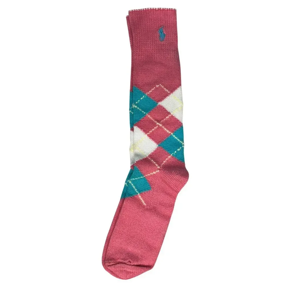 VTG Polo Ralph Lauren Argyle Crew Trouser Socks Pink & Blue Iconic Pony Logo